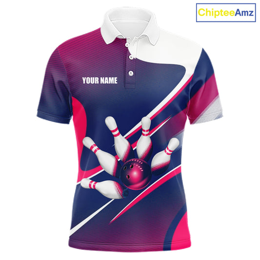 Men's bowling polo featuring white, blue and pink bowling ball with pins, personalized performance bowling apparel for league competitions, bowling clubs, tournaments and custom team uniforms, symbolizing friendship, balance and positive energy.