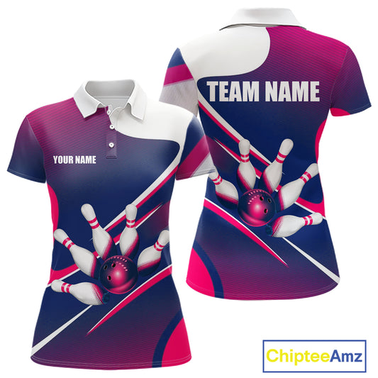 Women's bowling polo featuring white, blue and pink bowling ball and pins, personalized bowling shirt for league bowlers, women's bowling clubs, tournaments and stylish team uniforms, symbolizing friendship, positivity and teamwork.