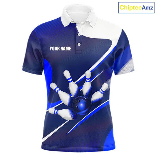 Men's bowling polo featuring white and blue bowling ball and pins, personalized bowling apparel for league championships, USBC tournaments, bowling clubs and custom team uniforms, symbolizing precision, professionalism and competitive excellence.