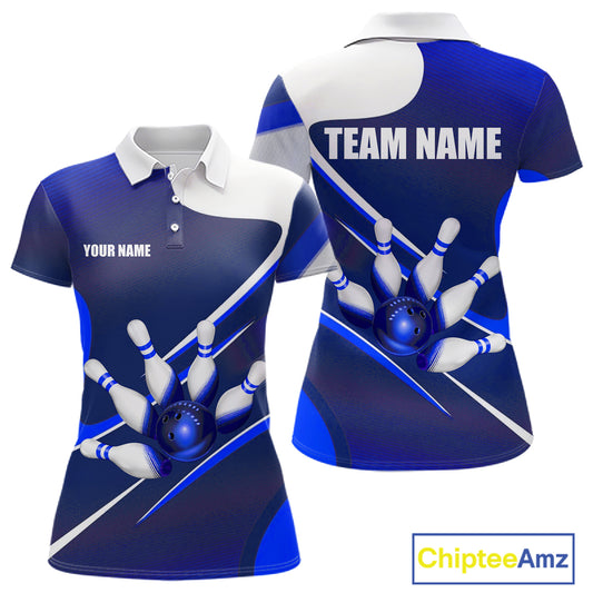 White And Blue Bowling Ball & Pins Shirt For Women Custom Polo Quarter-Zip Bowling Team Jersey NYN3674