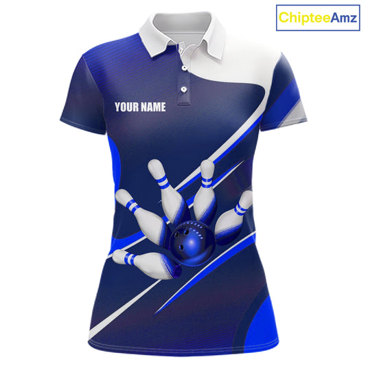 White And Blue Bowling Ball & Pins Shirt For Women Custom Polo Quarter-Zip Bowling Team Jersey NYN3674