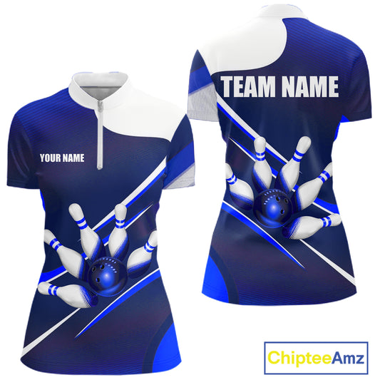 White And Blue Bowling Ball & Pins Shirt For Women Custom Polo Quarter-Zip Bowling Team Jersey NYN3674
