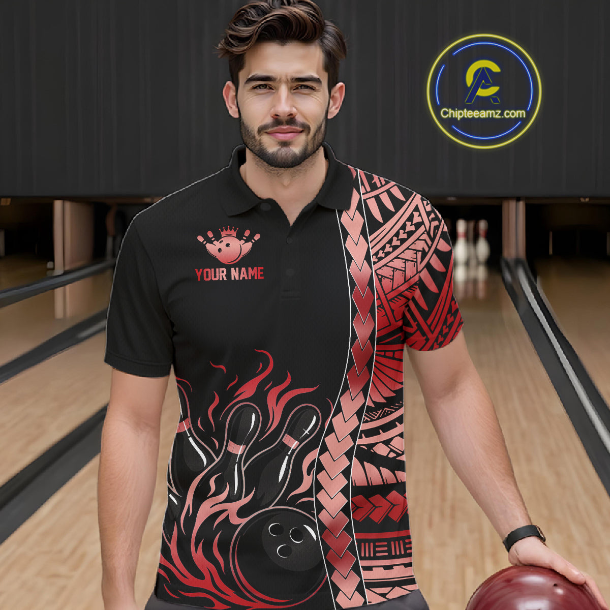 Male athlete wearing tribal bowling polo at tournament, personalized bowling jersey