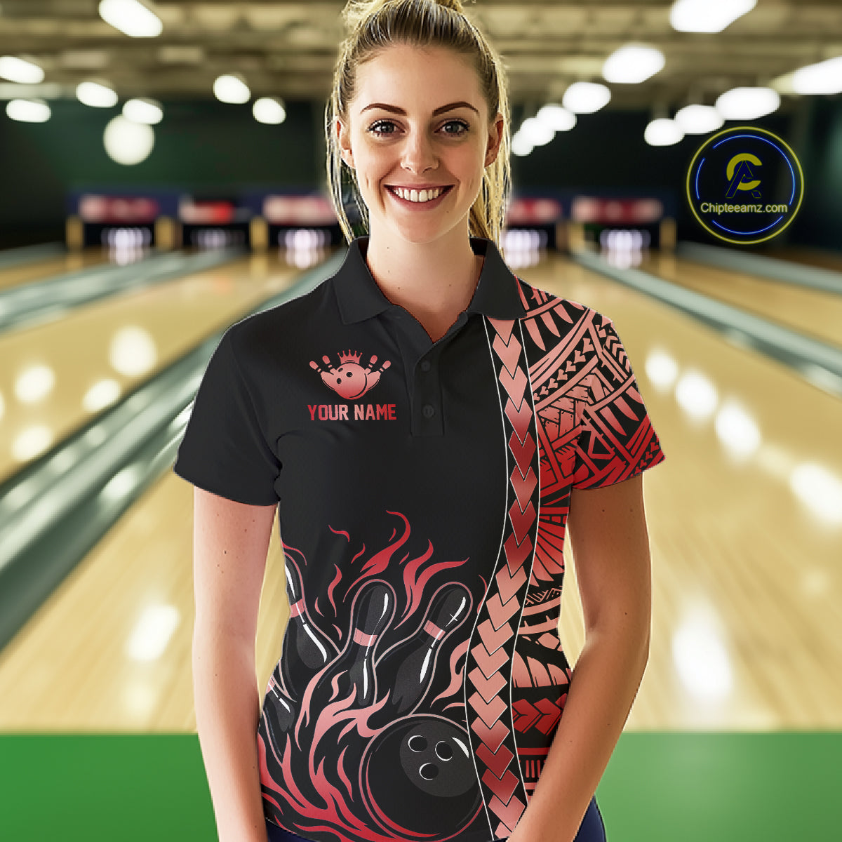 Female athlete wearing tribal flame bowling polo, custom bowling league uniform