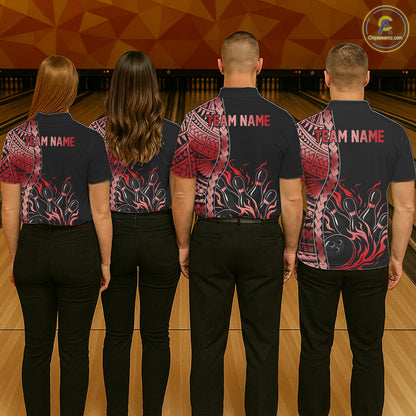 Women's bowling team wearing Black & Red Flame Tribal Bowling Polo & Quarter-Zip shirts, matching custom bowling jerseys for league play, bowling tournament uniforms, personalized team apparel