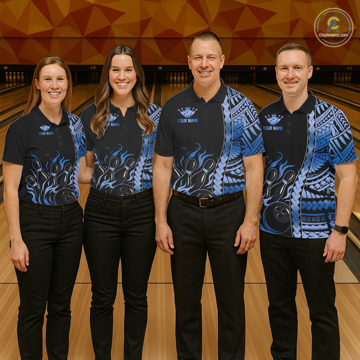 Men women bowling team wearing Black & Blue Flame Tribal Bowling Polo & Quarter-Zip shirts during bowling league competition, matching bowling team jerseys with custom names