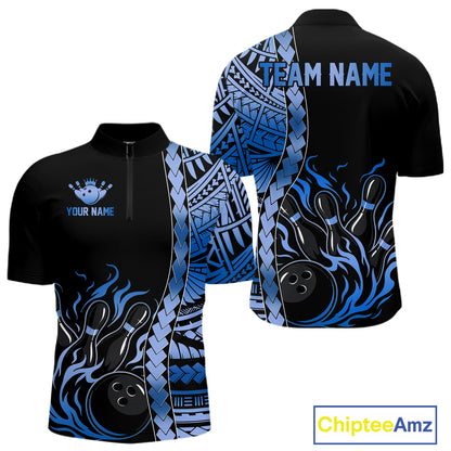 Men's blue tribal bowling quarter-zip, personalized bowling tournament jersey