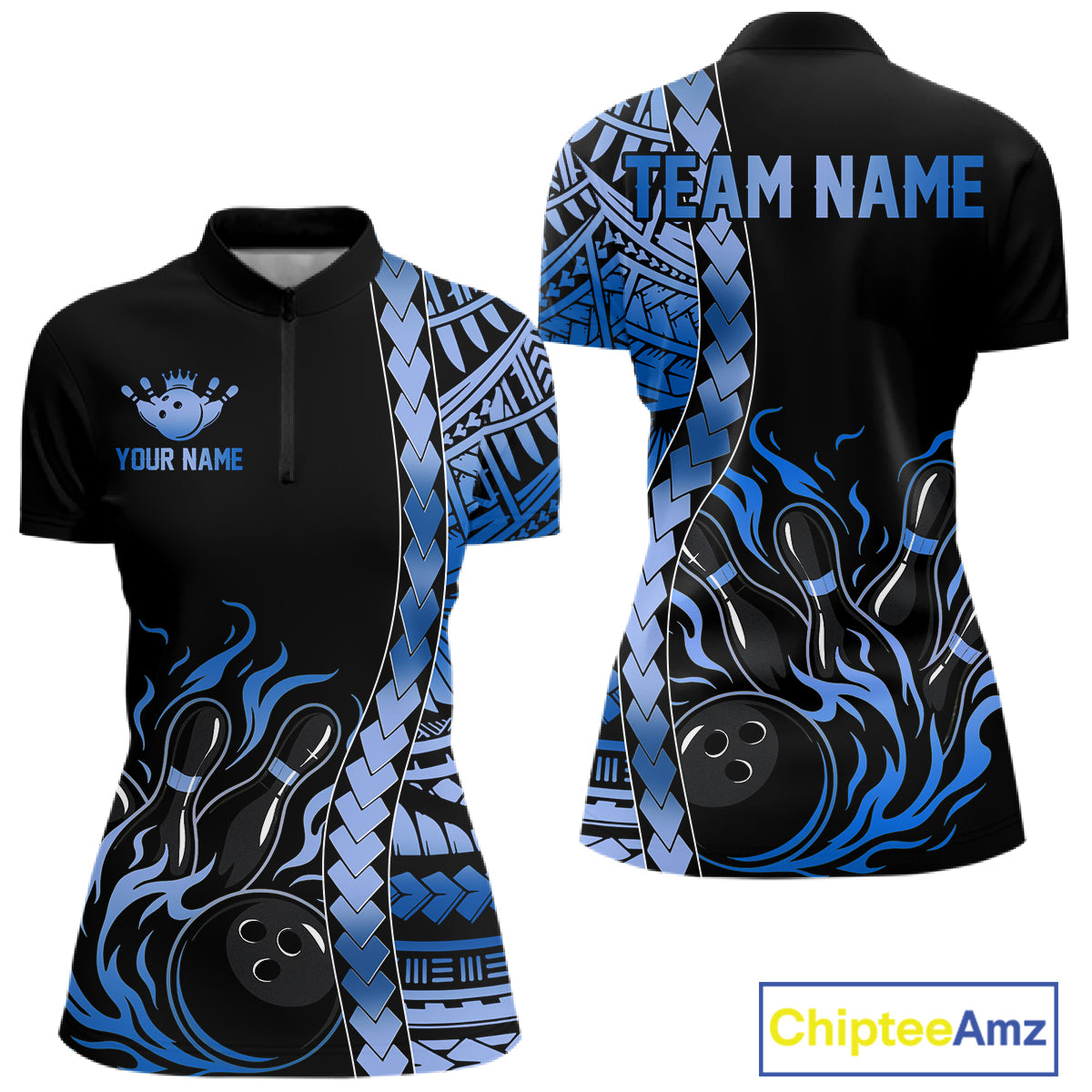 Women's blue tribal bowling quarter-zip, bowling league performance shirt