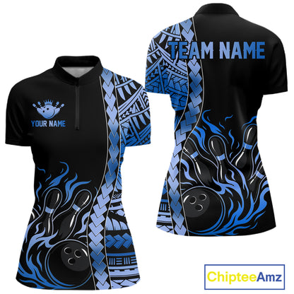 Women's blue tribal bowling quarter-zip, bowling league performance shirt