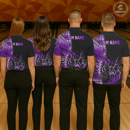 Men women bowling team wearing Black & Purple Flame Tribal Bowling Polo & Quarter-Zip shirts, personalized bowling team uniforms for USBC league and tournament play
