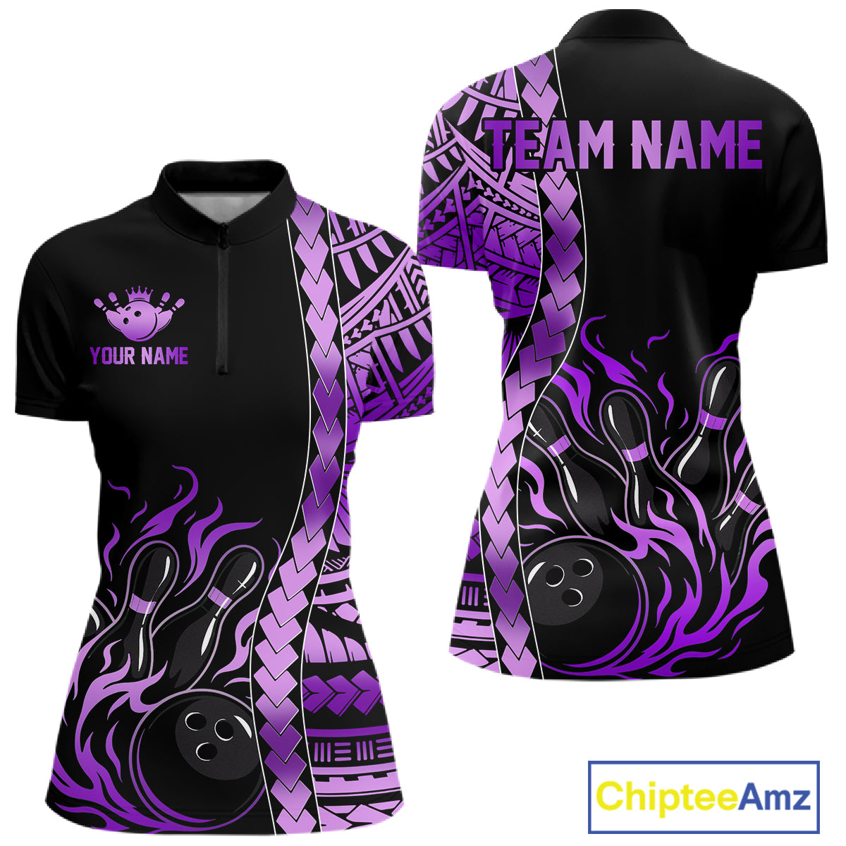 Women's purple tribal bowling quarter-zip, premium bowling jersey