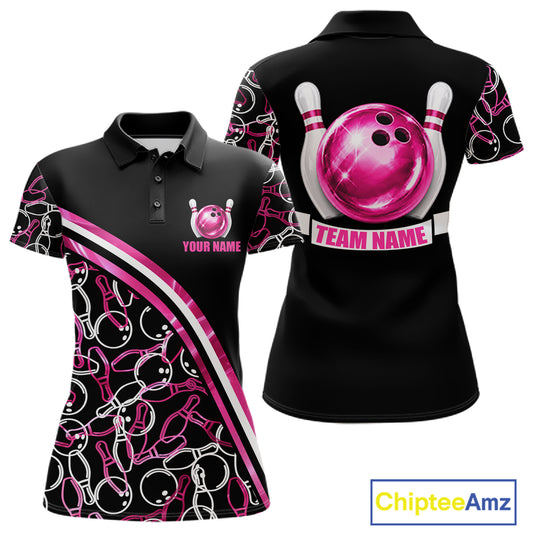 Women's holographic bowling polo, pink bowling pattern, personalized bowling shirt, custom bowling team apparel