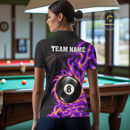 Purple & Yellow Flame 8 Ball Billiard Polo 1/4-Zip Shirt For Women Custom Flame Pool Team Jersey NYN3938