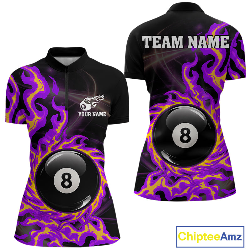 Purple & Yellow Flame 8 Ball Billiard Polo 1/4-Zip Shirt For Women Custom Flame Pool Team Jersey NYN3938