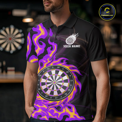 Purple & Yellow Flame Dartboard Darts Polo 1/4-Zip Shirt For Men Custom Fire Flame Dart Team Jersey NYN3939