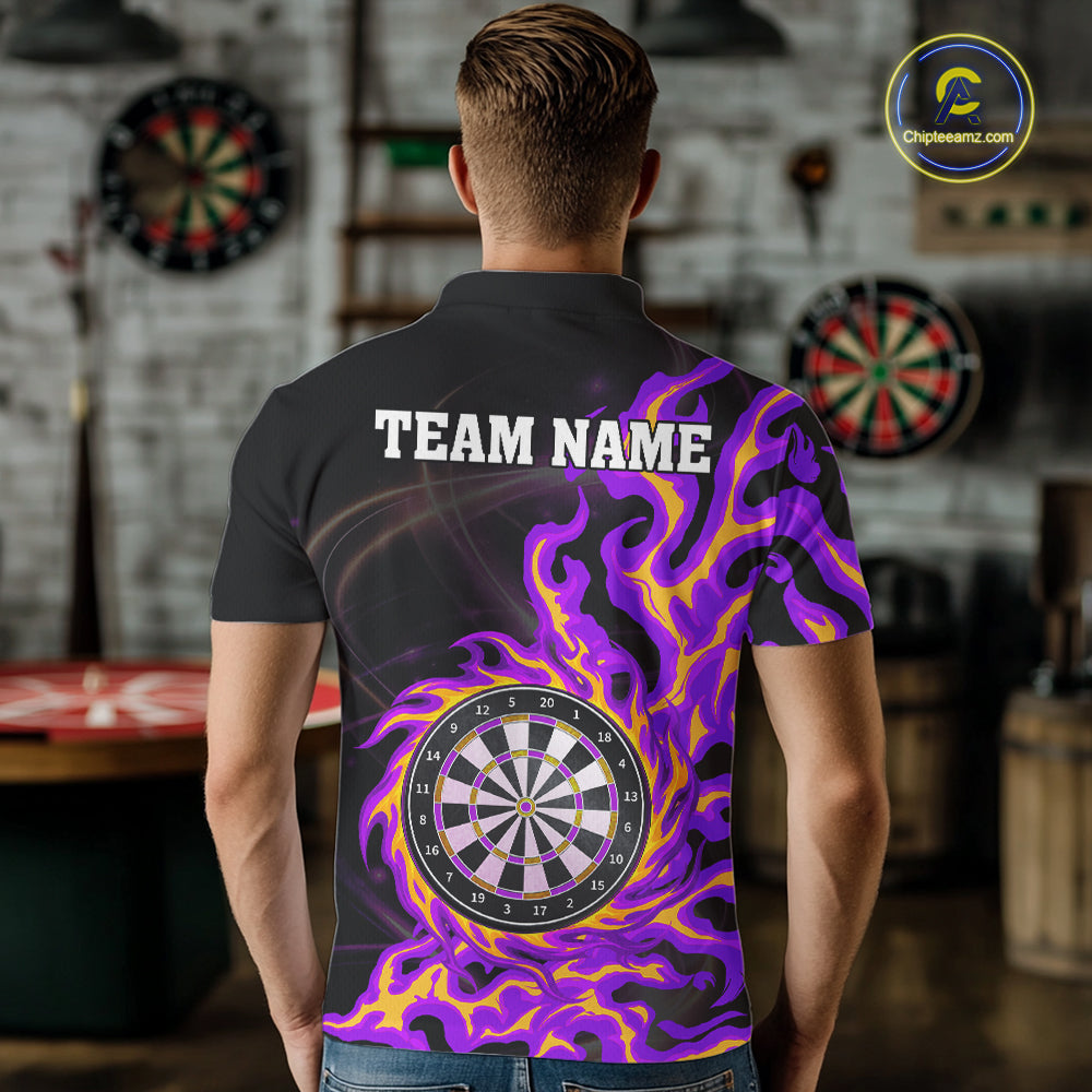 Purple & Yellow Flame Dartboard Darts Polo 1/4-Zip Shirt For Men Custom Fire Flame Dart Team Jersey NYN3939