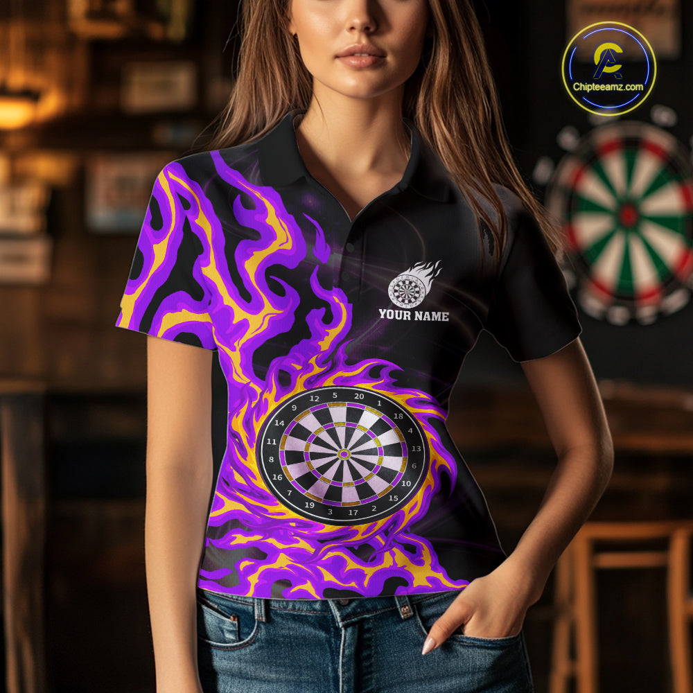 Purple & Yellow Flame Dartboard Darts Polo 1/4-Zip Shirt For Women Custom Fire Flame Dart Team Jersey NYN3939