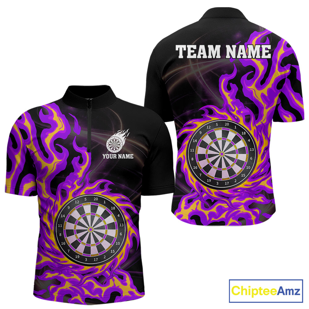 Purple & Yellow Flame Dartboard Darts Polo 1/4-Zip Shirt For Men Custom Fire Flame Dart Team Jersey NYN3939