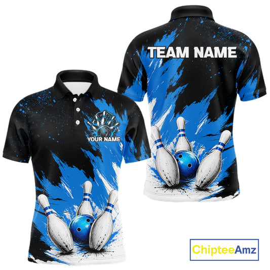 Black, White & Blue Splatter Mens Bowling Shirt Custom Grunge Polo Quarter-Zip Bowling Team Jersey NYN3682