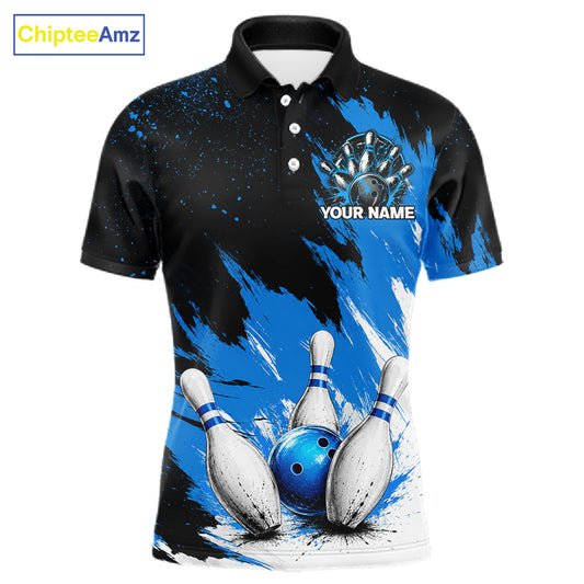 Black, White & Blue Splatter Mens Bowling Shirt Custom Grunge Polo Quarter-Zip Bowling Team Jersey NYN3682