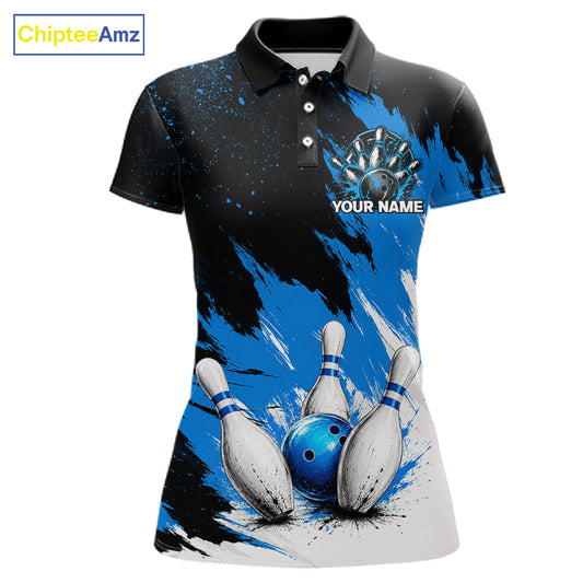 Black, White & Blue Splatter Women Bowling Shirt Custom Grunge Polo Quarter-Zip Bowling Team Jersey NYN3682