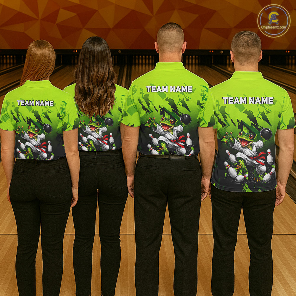 Funny Frog Bowling Ball And Pins Shirt For Men Custom Green Polo Quarter-Zip Bowling Team Attire NYN3685