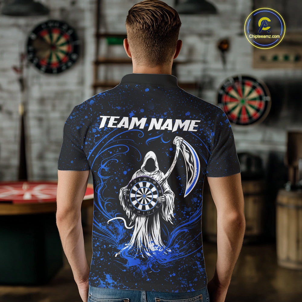 Black & Blue Splatter Grim Reaper Hold Dartboard Dart Shirts For Men Custom Dart Team Shirts NYN3953