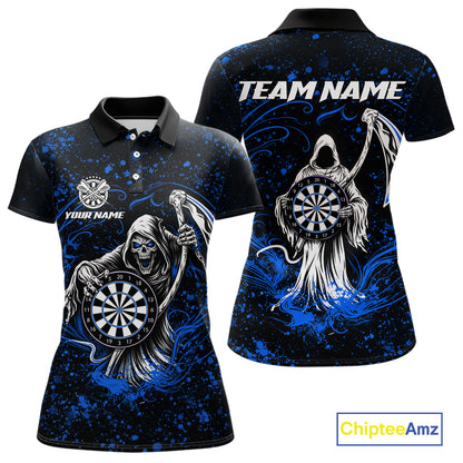 Black & Blue Splatter Grim Reaper Hold Dartboard Dart Shirts For Women Custom Dart Team Shirts NYN3953