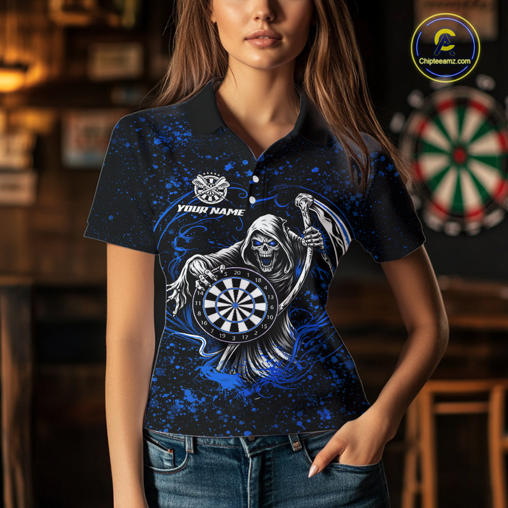 Black & Blue Splatter Grim Reaper Hold Dartboard Dart Shirts For Women Custom Dart Team Shirts NYN3953