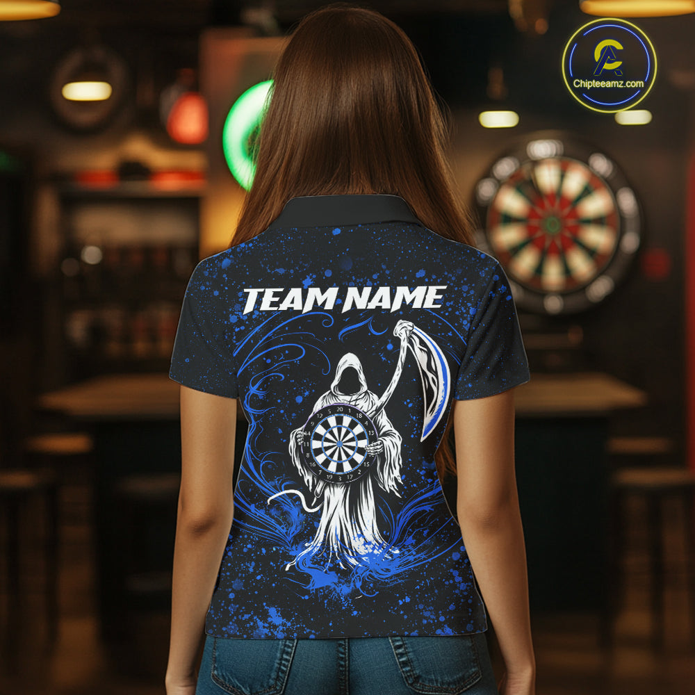 Black & Blue Splatter Grim Reaper Hold Dartboard Dart Shirts For Women Custom Dart Team Shirts NYN3953