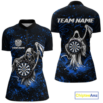 Black & Blue Splatter Grim Reaper Hold Dartboard Dart Shirts For Women Custom Dart Team Shirts NYN3953