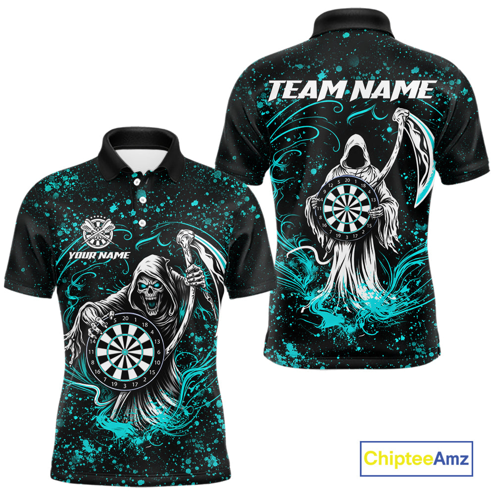 Black & Teal Splatter Grim Reaper Hold Dartboard Dart Shirts For Men Custom Dart Team Shirts NYN3954