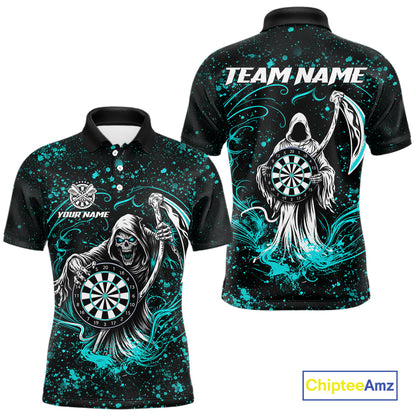 Black & Teal Splatter Grim Reaper Hold Dartboard Dart Shirts For Men Custom Dart Team Shirts NYN3954