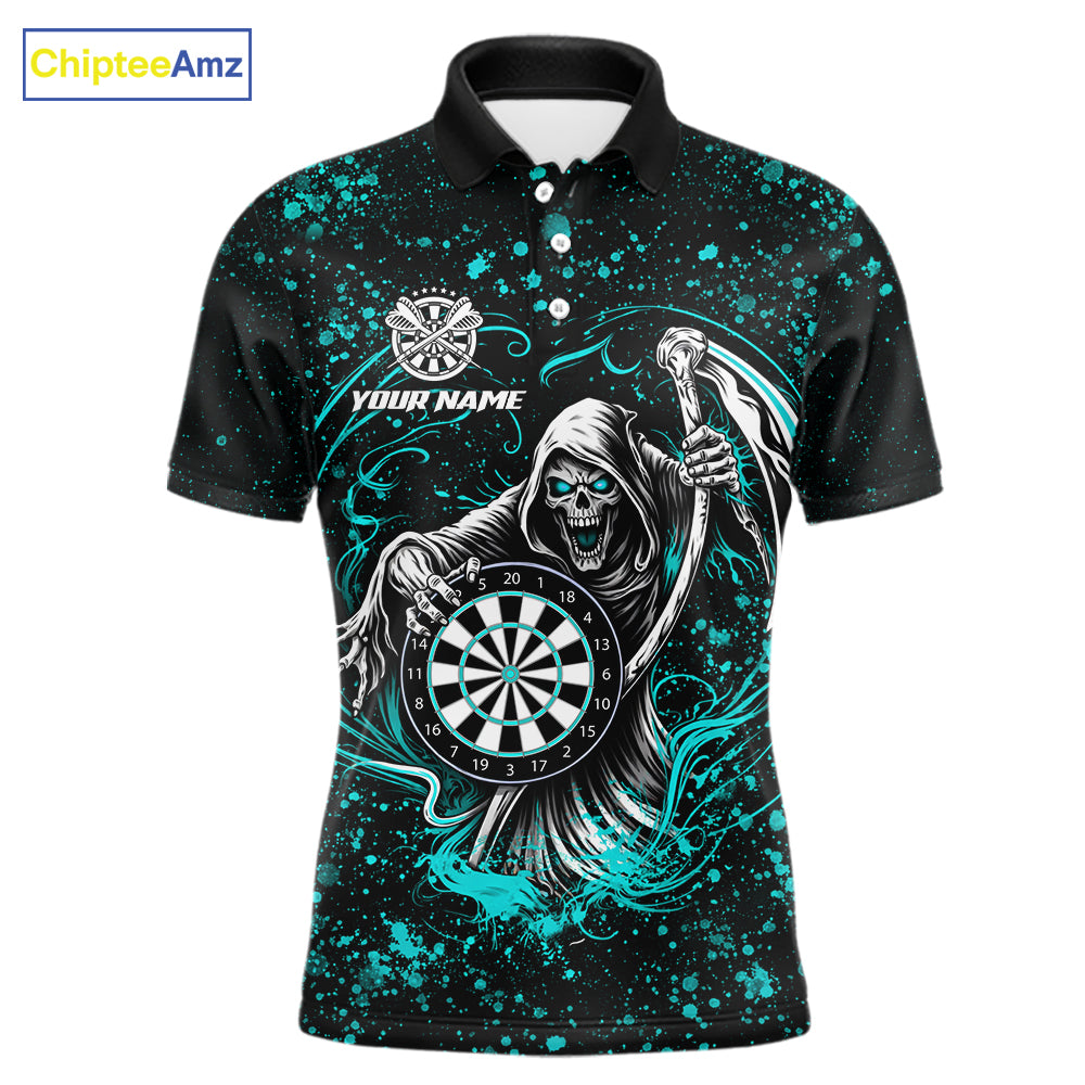 Black & Teal Splatter Grim Reaper Hold Dartboard Dart Shirts For Men Custom Dart Team Shirts NYN3954