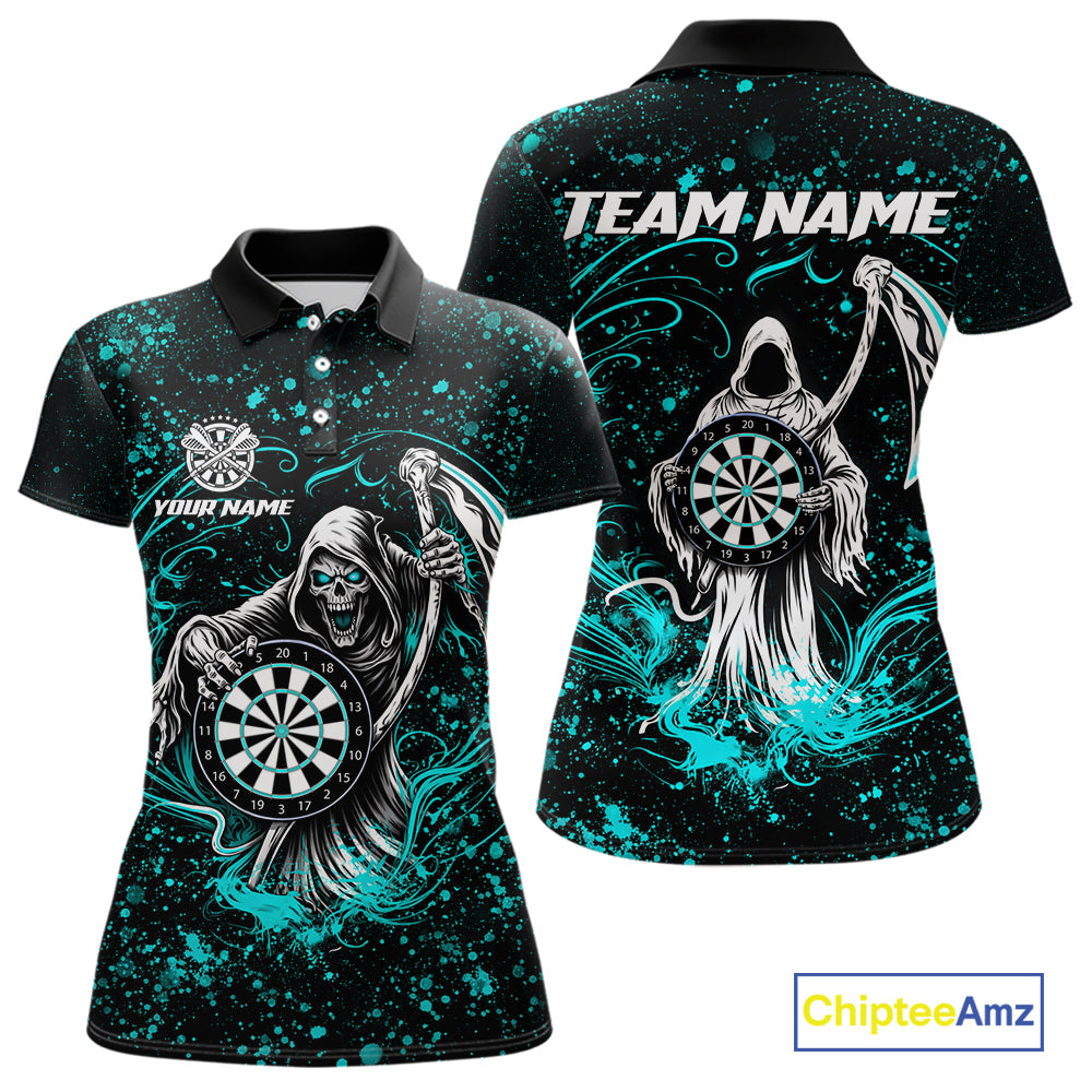 Black & Teal Splatter Grim Reaper Hold Dartboard Dart Shirts For Women Custom Dart Team Shirts NYN3954