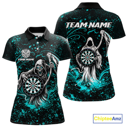 Black & Teal Splatter Grim Reaper Hold Dartboard Dart Shirts For Women Custom Dart Team Shirts NYN3954