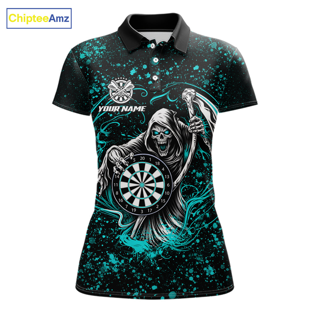 Black & Teal Splatter Grim Reaper Hold Dartboard Dart Shirts For Women Custom Dart Team Shirts NYN3954