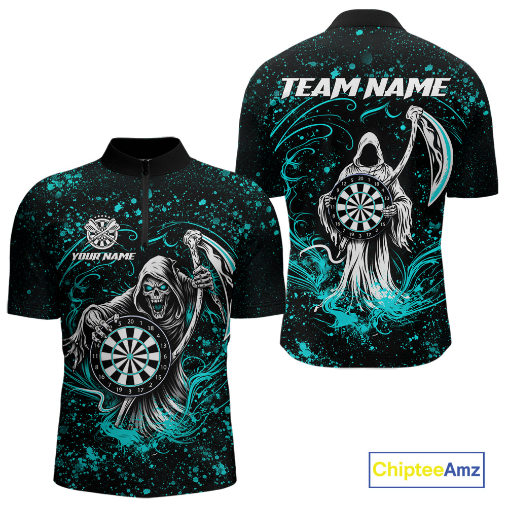 Black & Teal Splatter Grim Reaper Hold Dartboard Dart Shirts For Men Custom Dart Team Shirts NYN3954