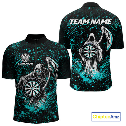 Black & Teal Splatter Grim Reaper Hold Dartboard Dart Shirts For Men Custom Dart Team Shirts NYN3954