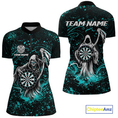 Black & Teal Splatter Grim Reaper Hold Dartboard Dart Shirts For Women Custom Dart Team Shirts NYN3954