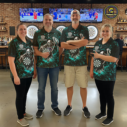 Black & Teal Splatter Grim Reaper Hold Dartboard Dart Shirts For Men Custom Dart Team Shirts NYN3954
