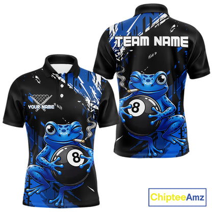 Custom Funny Frog 8 Ball Billiard Team Jersey Polo & Quarter-Zip Billiard Shirt For Men | Blue NYN3955