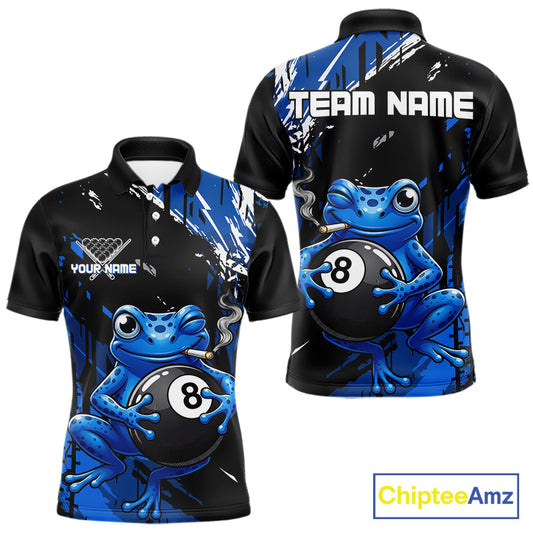 Custom Funny Frog 8 Ball Billiard Team Jersey Polo & Quarter-Zip Billiard Shirt For Men | Blue NYN3955
