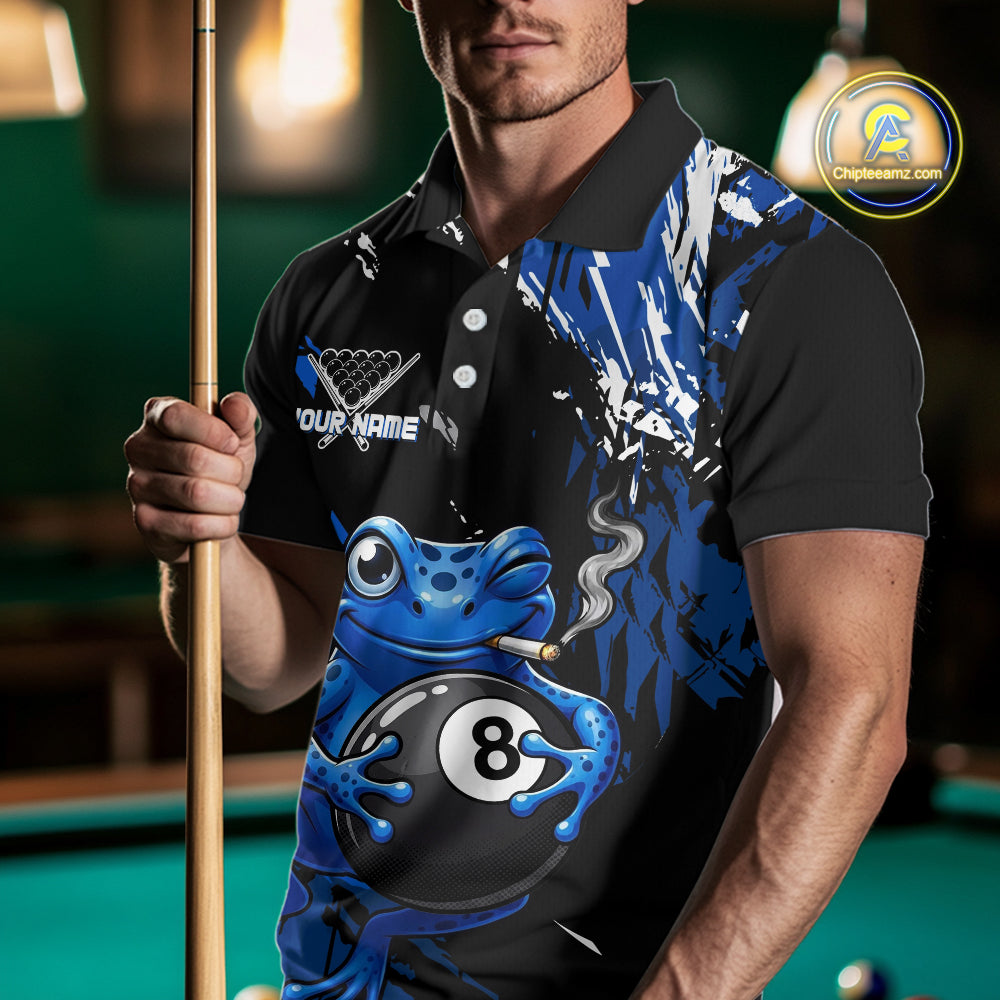 Custom Funny Frog 8 Ball Billiard Team Jersey Polo & Quarter-Zip Billiard Shirt For Men | Blue NYN3955