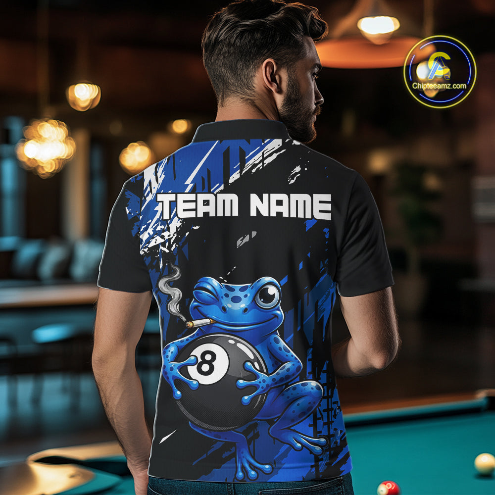 Custom Funny Frog 8 Ball Billiard Team Jersey Polo & Quarter-Zip Billiard Shirt For Men | Blue NYN3955