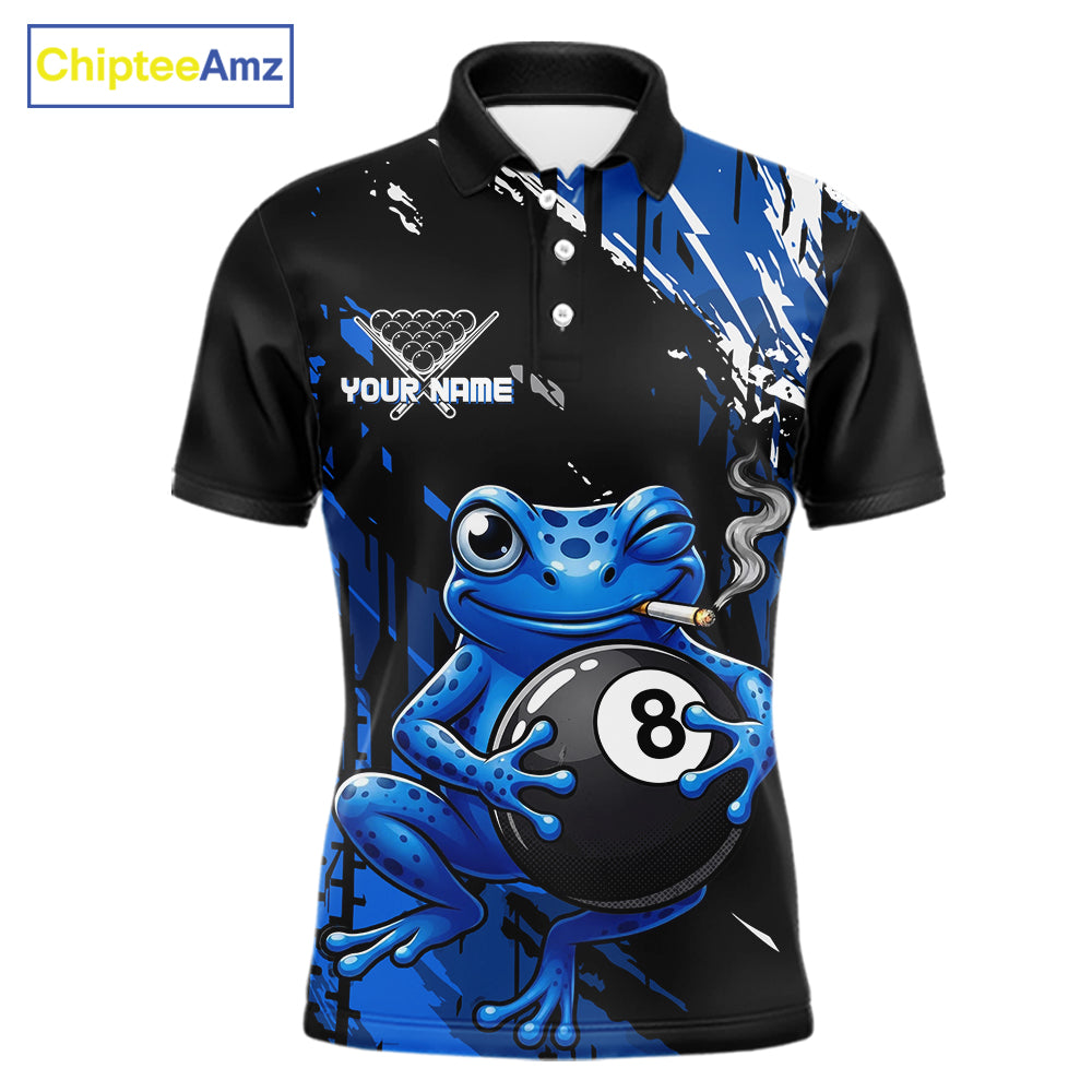 Custom Funny Frog 8 Ball Billiard Team Jersey Polo & Quarter-Zip Billiard Shirt For Men | Blue NYN3955