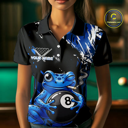 Custom Funny Frog 8 Ball Billiard Team Jersey Polo & Quarter-Zip Billiard Shirt For Women | Blue NYN3955