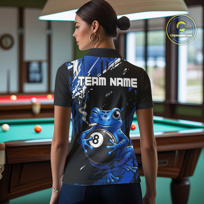 Custom Funny Frog 8 Ball Billiard Team Jersey Polo & Quarter-Zip Billiard Shirt For Women | Blue NYN3955