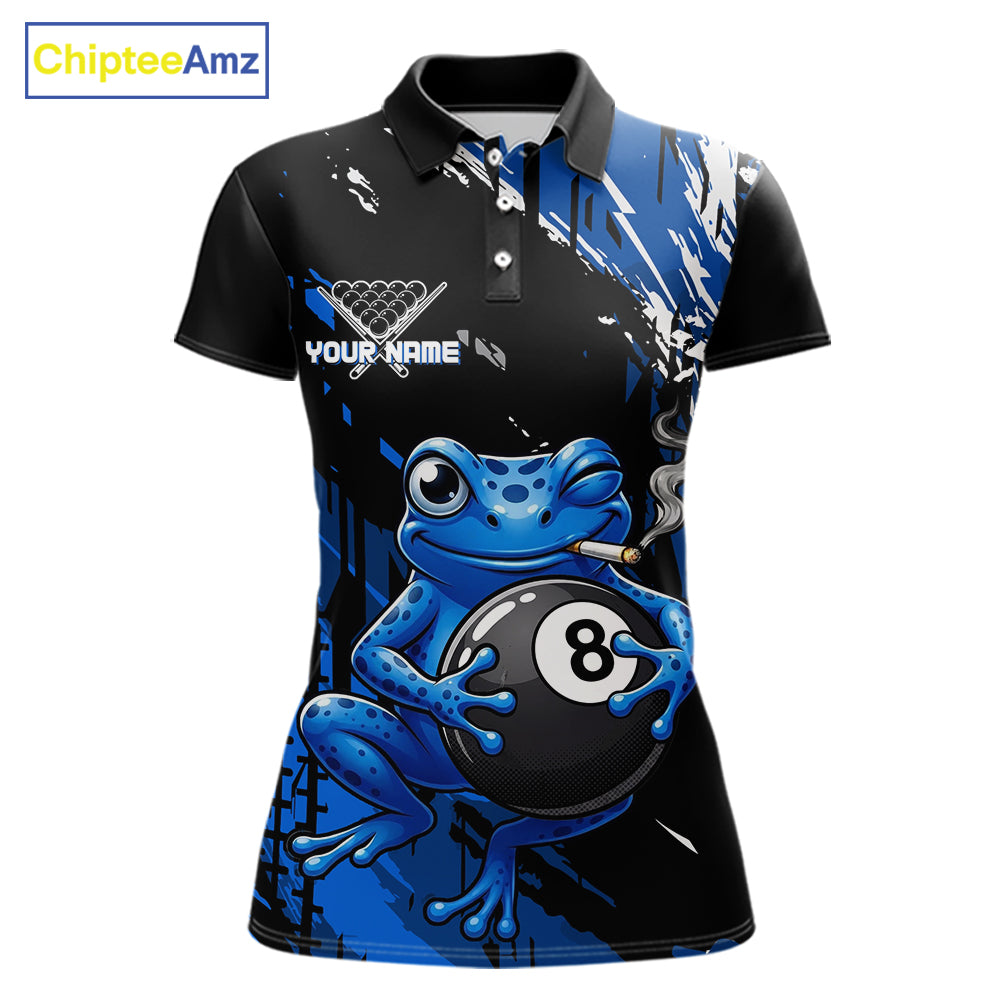 Custom Funny Frog 8 Ball Billiard Team Jersey Polo & Quarter-Zip Billiard Shirt For Women | Blue NYN3955