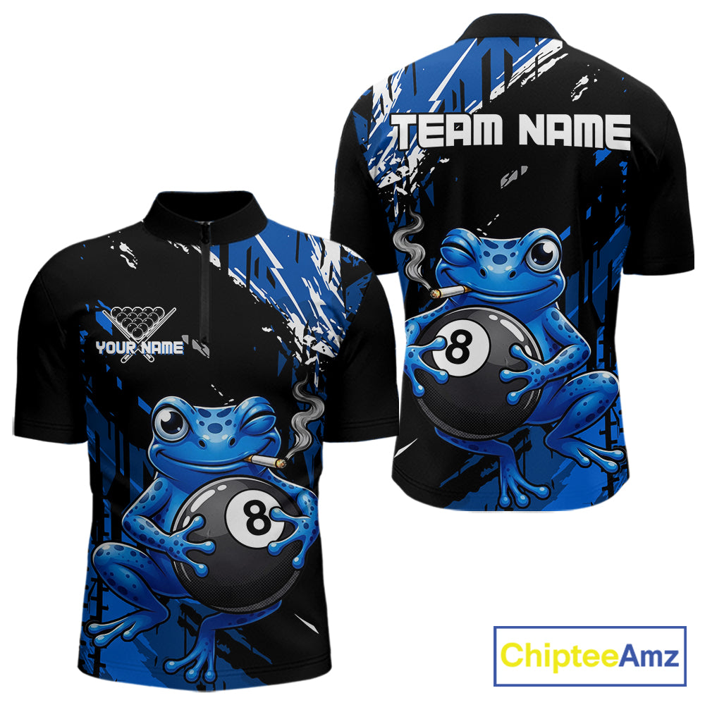 Custom Funny Frog 8 Ball Billiard Team Jersey Polo & Quarter-Zip Billiard Shirt For Men | Blue NYN3955